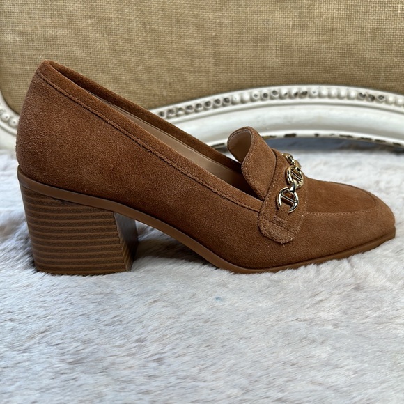 Alex Marie | Farin Suede Chain Hardware Loafer Pumps, in Camel - Picture 2 of 15